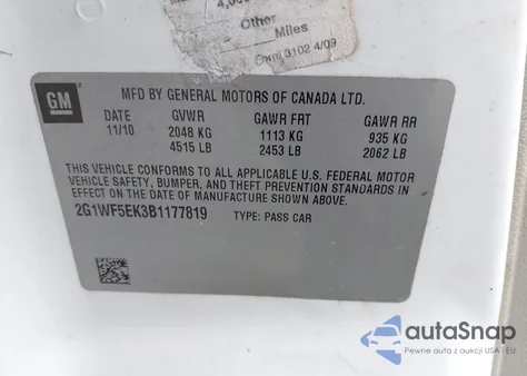 2011 Chevrolet Impala Ls from USA, damaged, VIN 2G1WF5EK3B1177819